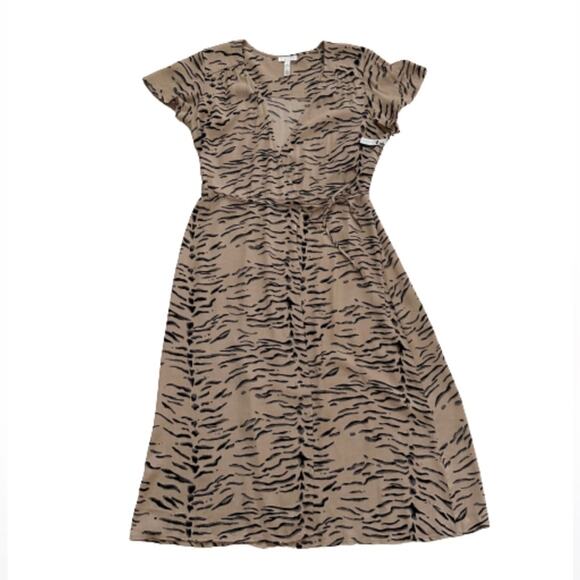 Leith Midi Dress Tan Black Animal Print Short Sleeve Wrap Dress Small NEW - Picture 8 of 11